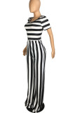 Yellow Casual Striped Print Patchwork O Neck Straight Jumpsuits