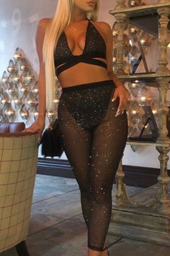 Black Sexy Solid Hollowed Out Patchwork See-through Halter Sleeveless Two Pieces