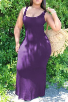 Фиолетовое сексуальное повседневное платье размера плюс, однотонное базовое платье с U-образным вырезом