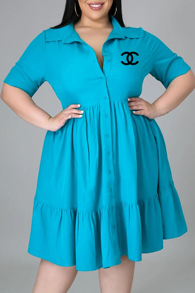 

Light Blue Fashion Casual Print Letter Turndown Collar Shirt Dress Plus Size Dresses