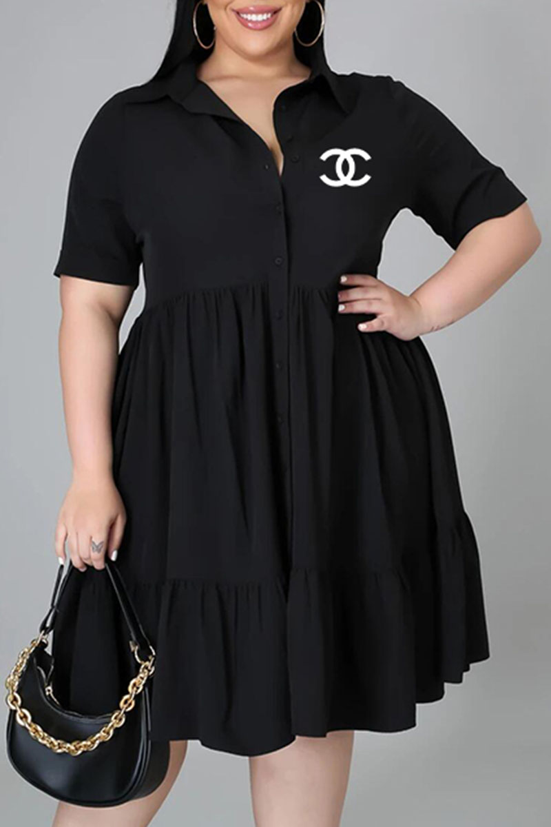 

Black Fashion Casual Print Letter Turndown Collar Shirt Dress Plus Size Dresses