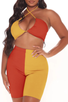 Orange Yellow Sexy Solid Split Joint Halter Sleeveless Two Pieces