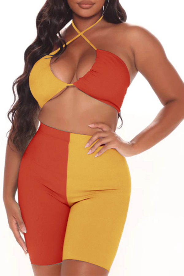 Orange Yellow Sexy Solid Patchwork Halter Sleeveless Two Pieces