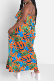 Lichtblauwe mode sexy print patchwork backless strapless lange jurk plus size jurken