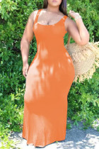 Robe orange sexy décontractée grande taille solide basique à col en U