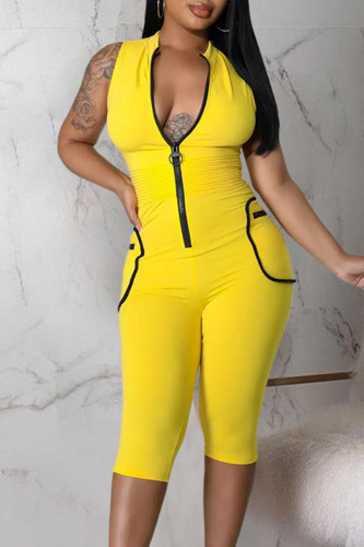 Yellow Casual Sportswear Solid Patchwork Pocket Zipper Regular Rompers