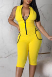 Amarelo Casual Sportswear Sólido Patchwork Bolso Zipper Macacão Regular