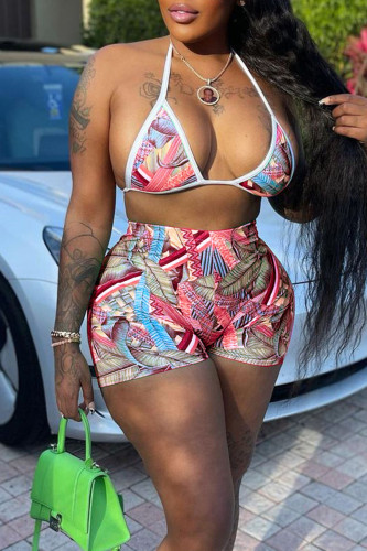 Rose Red Fashion Sexy Print Split Joint Halter Sleeveless Three Pieces