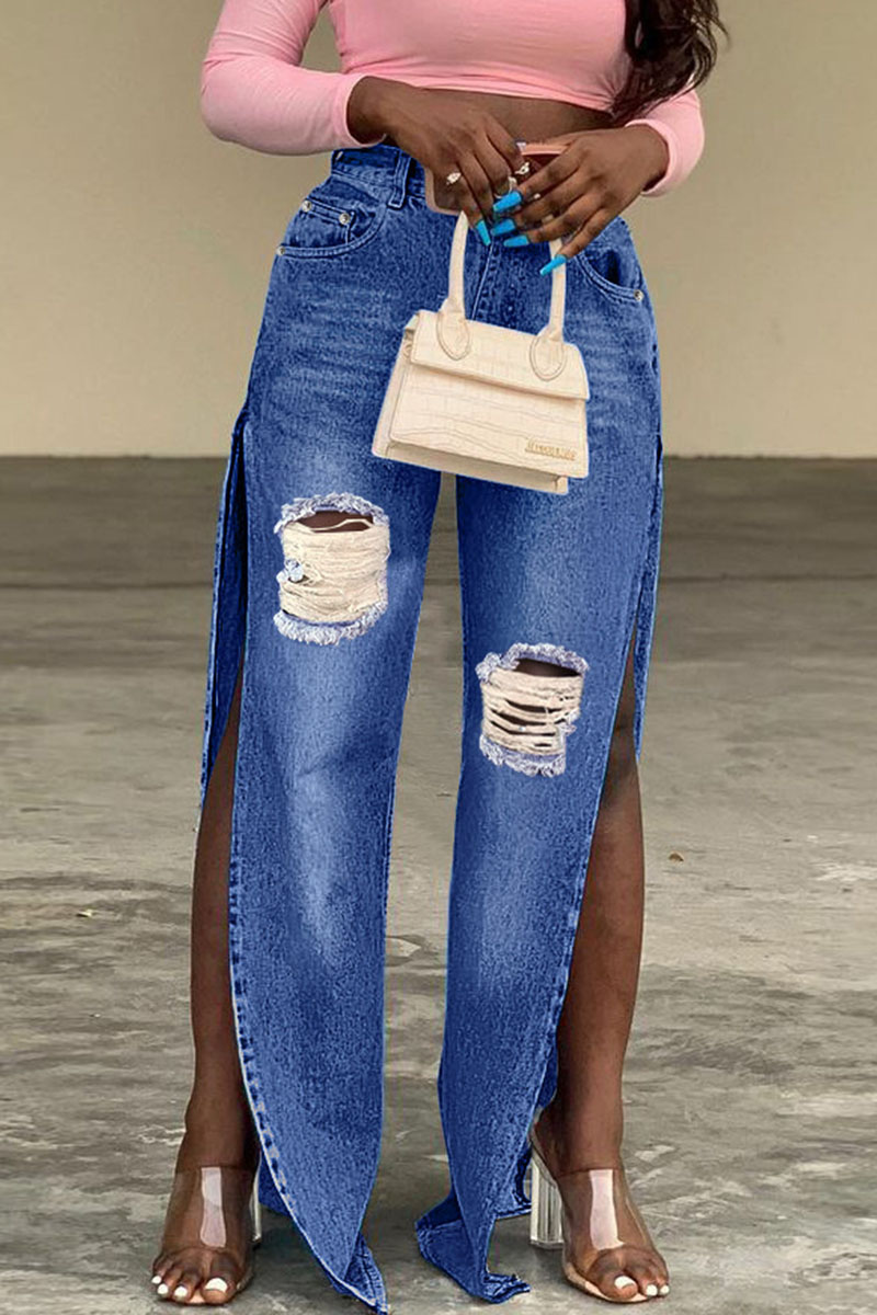 

Dark Blue Sexy Street Solid Ripped Split Joint Slit High Waist Denim Jeans