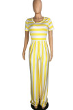 Yellow Casual Striped Print Patchwork O Neck Straight Jumpsuits