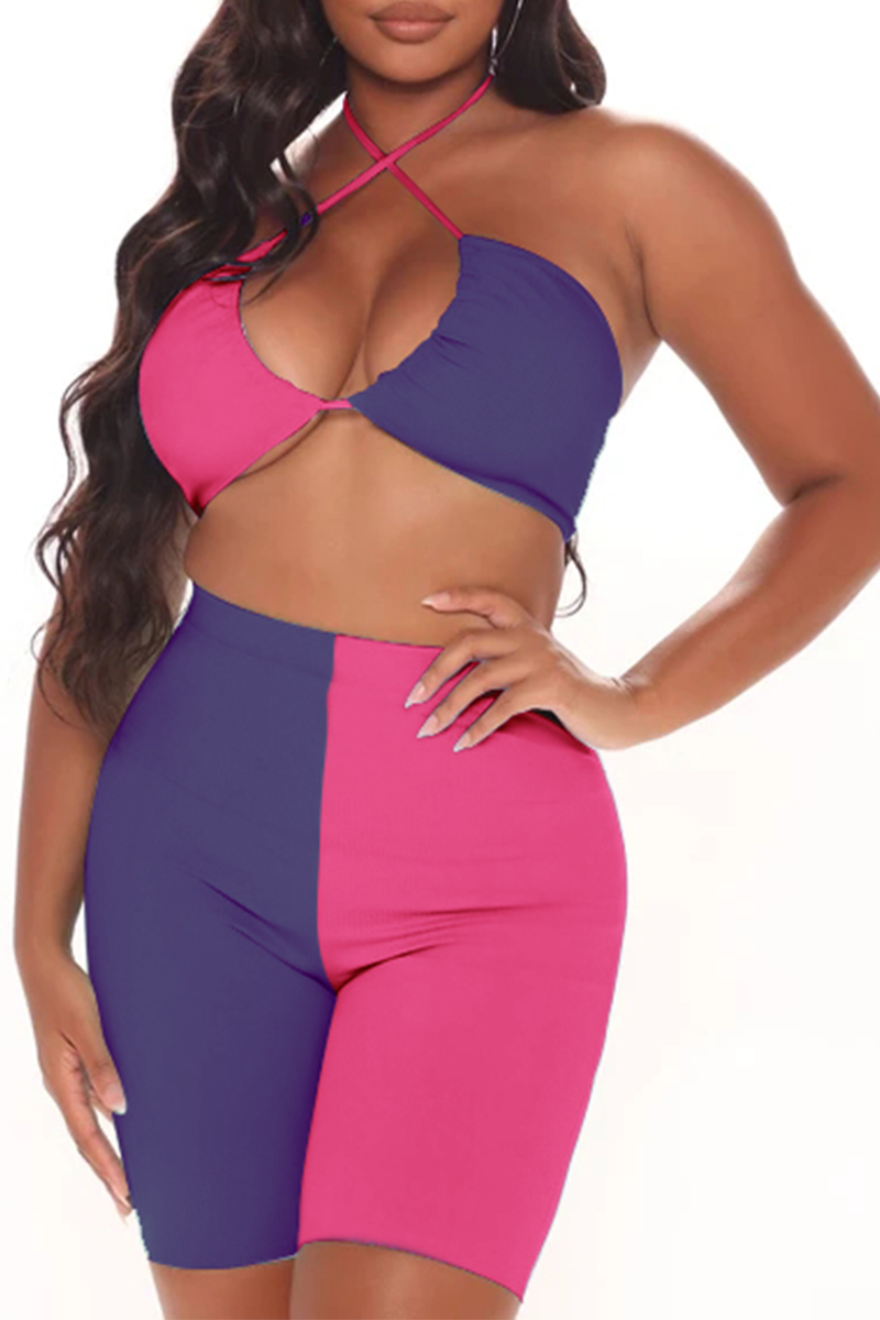 

Fuchsia Sexy Solid Split Joint Halter Sleeveless Two Pieces