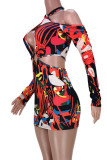 Red Sexy Print Hollowed Out Patchwork Asymmetrical Halter Dresses