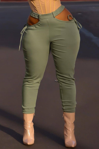 Green Fashion Casual Solid Bandage Hollowed Out Skinny High Waist Pencil Trousers