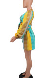 Yellow Casual Striped Print Bandage Patchwork V Neck Long Sleeve Two Pieces