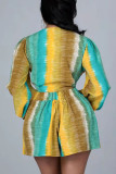 Желтый Повседневная Полосатая повязка с принтом Пэчворк V-образный вырез С длинным рукавом Две части