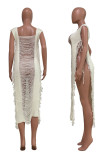 White Sexy Solid Tassel Hollowed Out Patchwork Asymmetrical Swimwears Cover Up