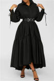 Черное модное повседневное однотонное базовое платье-рубашка больших размеров с отложным воротником (без пояса)