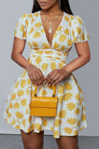 Gele mode-print patchwork jurk met V-hals en korte mouwen