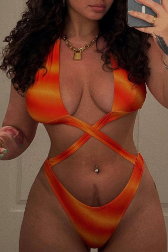 Tangerine Red Sexy Vacation Print Split Joint Maillots de bain