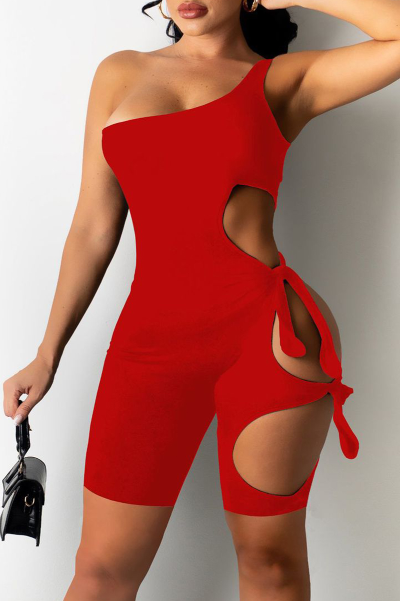 

Red Fashion Sexy Solid Bandage Hollowed Out Backless One Shoulder Skinny Romper