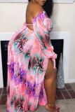 Roze Mode Sexy Print Bandage Backless Slit Off Shoulder Plus Size Two Pieces