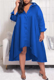 Vestido de camisa con cuello vuelto asimétrico sólido de talla grande casual de moda azul (sin cinturón)