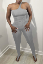 Grey Sexy Solid Hollowed Out One Shoulder Skinny Jumpsuits