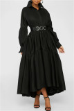 Черное модное повседневное однотонное базовое платье-рубашка больших размеров с отложным воротником (без пояса)