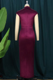 ブルゴーニュファッションセクシーなソリッドスリットフォールドハーフタートルネックイブニングドレス