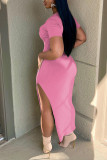 Pink Casual Solid Patchwork Slit V Neck Straight Dresses