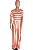 Tangerine Red Casual Striped Print Patchwork O Neck Straight Jumpsuits
