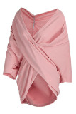 Camisetas con cuello en V asimétricas con pliegues de patchwork sólido casual rosa