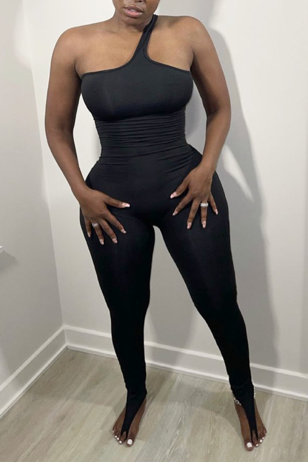 Svarta sexiga solida urholkade skinny jumpsuits med en axel