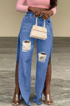 Blue Sexy Street Solid Patchwork Thigh Split High Waist Ripped Denim Jeans