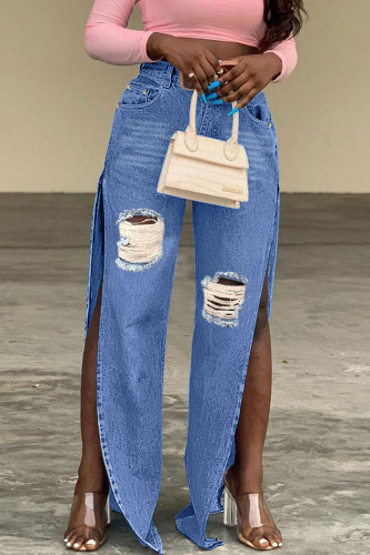 Blauwe Sexy Street Solid Ripped Patchwork Denim Jeans Met Hoge Taille