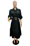 ブラック ファッション カジュアル プラスサイズ 無地 ベーシック ターンダウンカラー シャツドレス (ベルトなし)