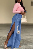 Jeans de mezclilla de cintura alta con abertura de patchwork rasgado sólido de calle sexy azul
