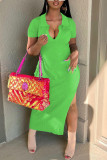 Green Casual Solid Patchwork Slit V Neck Straight Dresses