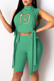 Green Fashion Sexy Embroidery Bandage Patchwork Slit Turtleneck Sleeveless Two Pieces