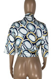 Sky Blue Fashion Casual Print Patchwork Buckle Turndown Collar Tops