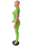 ライトグリーンファッションカジュアルソリッドベーシックタートルネック半袖ツーピース
