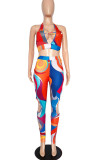 Multicolor Sexy Print Hollowed Out Patchwork Halter Sleeveless Two Pieces