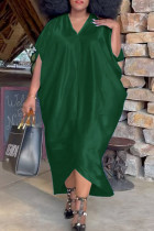 Vestido de manga corta con cuello en V asimétrico sólido de talla grande informal de moda verde tinta