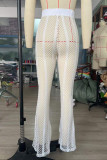 Белые сексуальные однотонные выдолбленные лоскутные прямые однотонные брюки с высокой талией