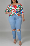 Red Fashion Casual Print Patchwork Off the Shoulder Plus Size Tops