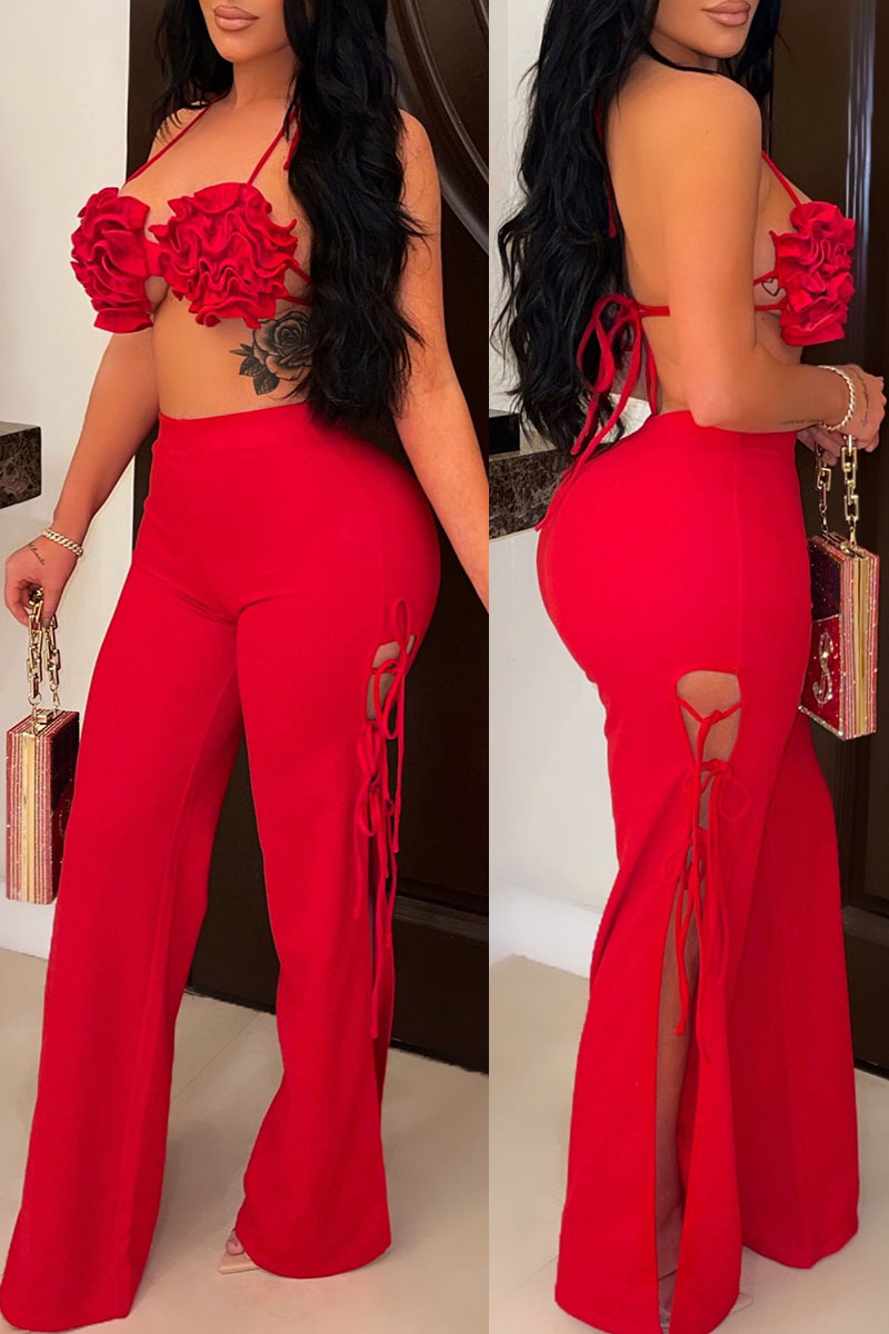 

Red Sexy Solid Hollowed Out Split Joint Frenulum Halter Sleeveless Two Pieces