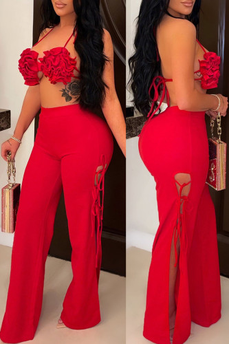Red Sexy Solid Hollowed Out Patchwork Frenulum Halter Sleeveless Two Pieces