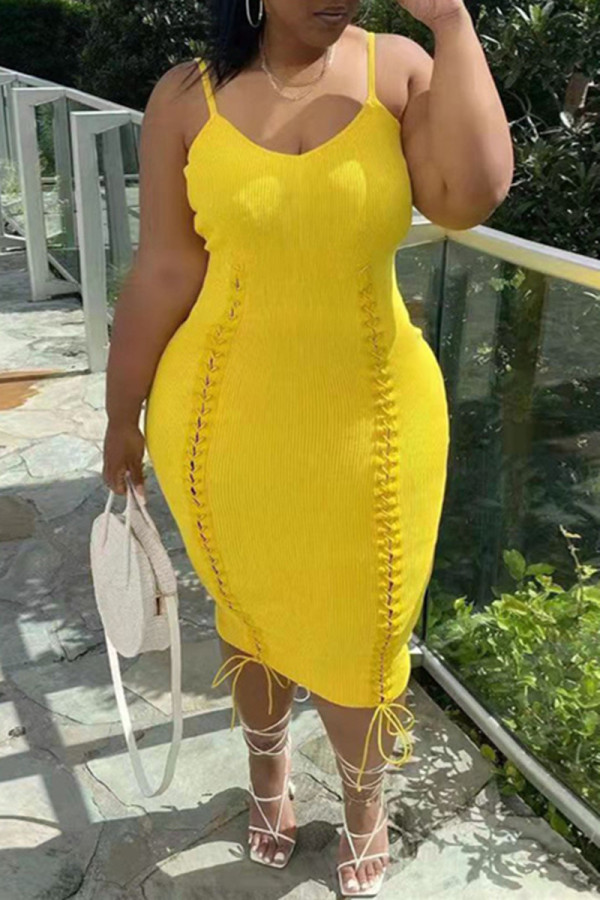 Gelbe Mode Sexy Plus Size feste Bandage rückenfreier Spaghetti-Träger ärmelloses Kleid