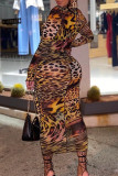 Леопардовый принт Модные повседневные принты Базовые платья с высоким воротником и длинными рукавами