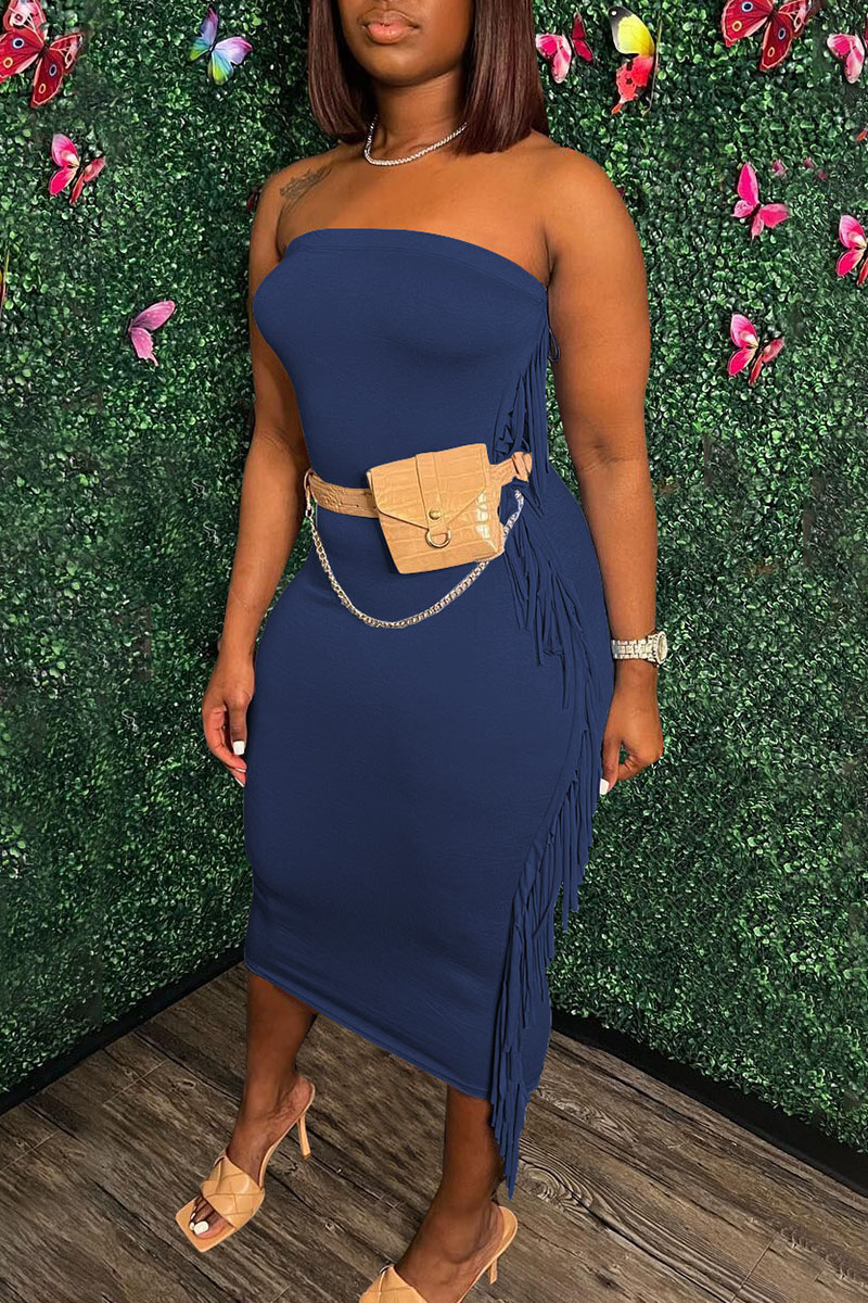 

Blue Sexy Solid Tassel Split Joint Strapless Pencil Skirt Dresses